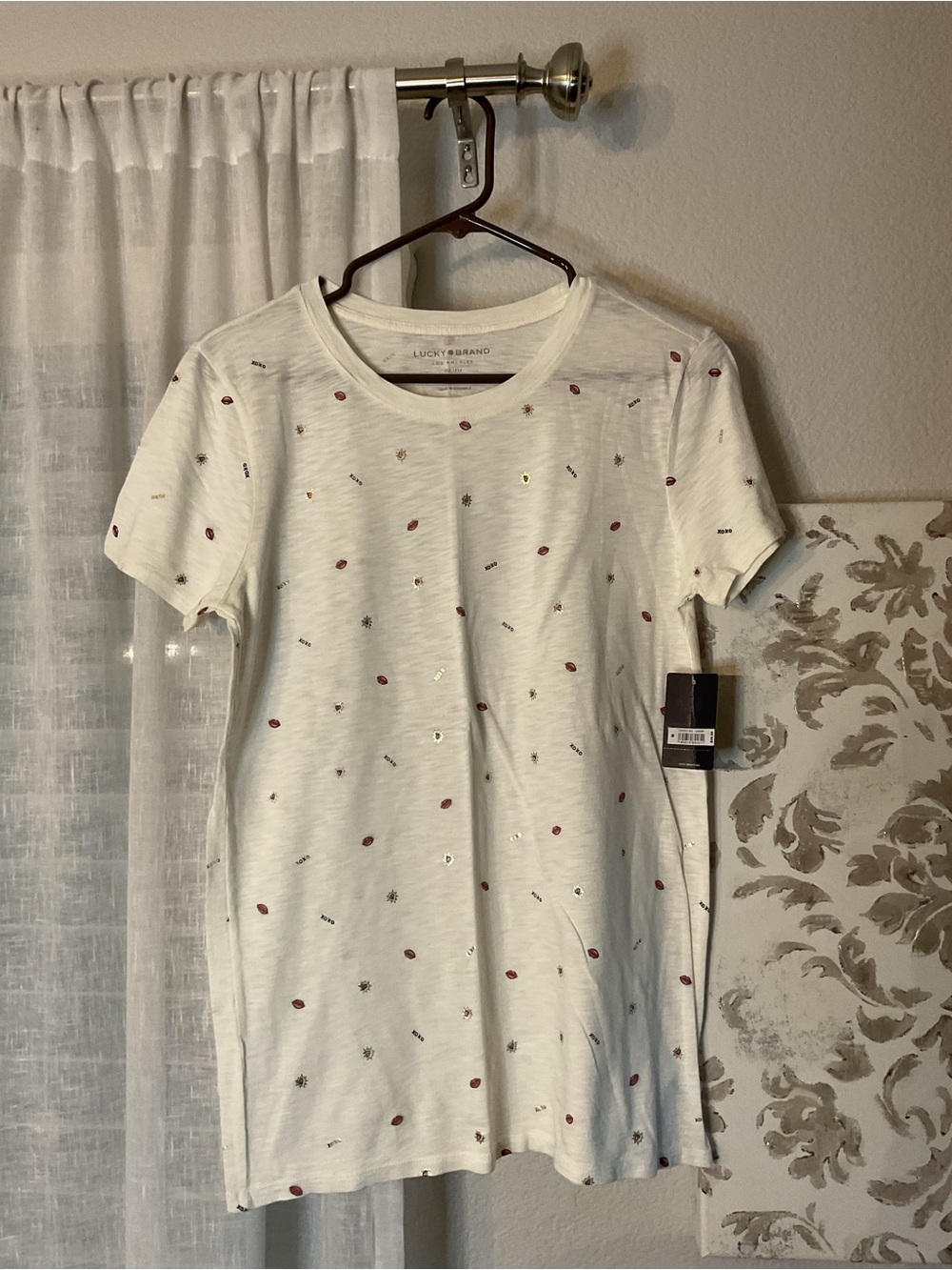 Lucky Brand White Short Sleeve Tee with Red and Gold Accents